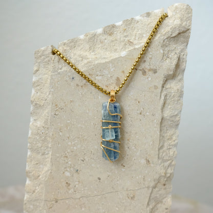 Handmade Kyanite and Aquamarine gold-plated necklace, crystal jewelry for alignment, calm, and spiritual clarity
