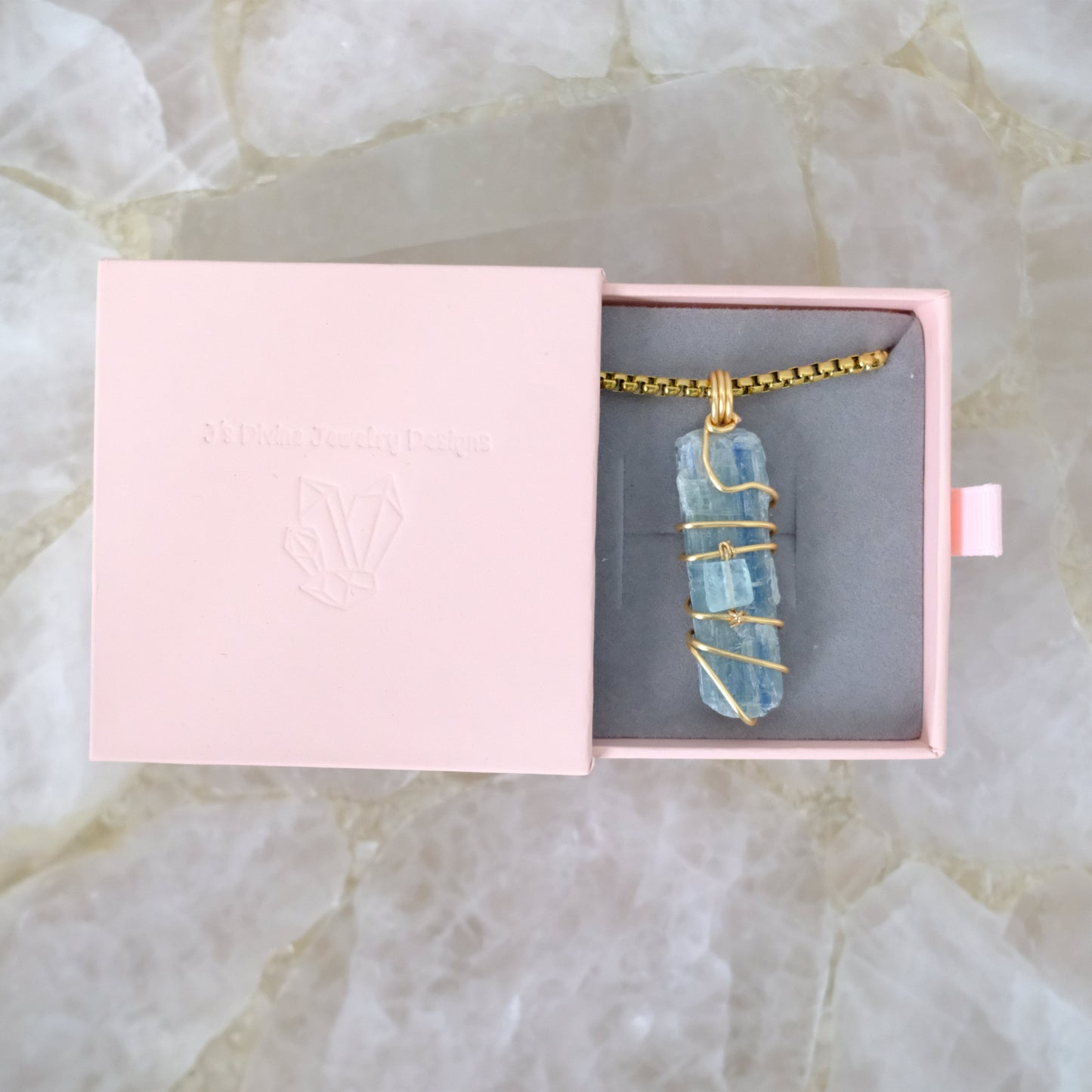 Kyanite and Aquamarine gold-plated necklace in luxury gift packaging, J’s Divine Jewelry Designs