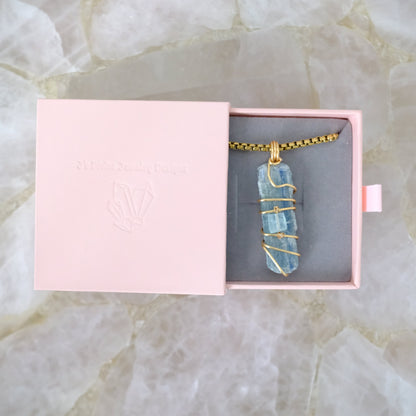 Kyanite and Aquamarine gold-plated necklace in luxury gift packaging, J’s Divine Jewelry Designs