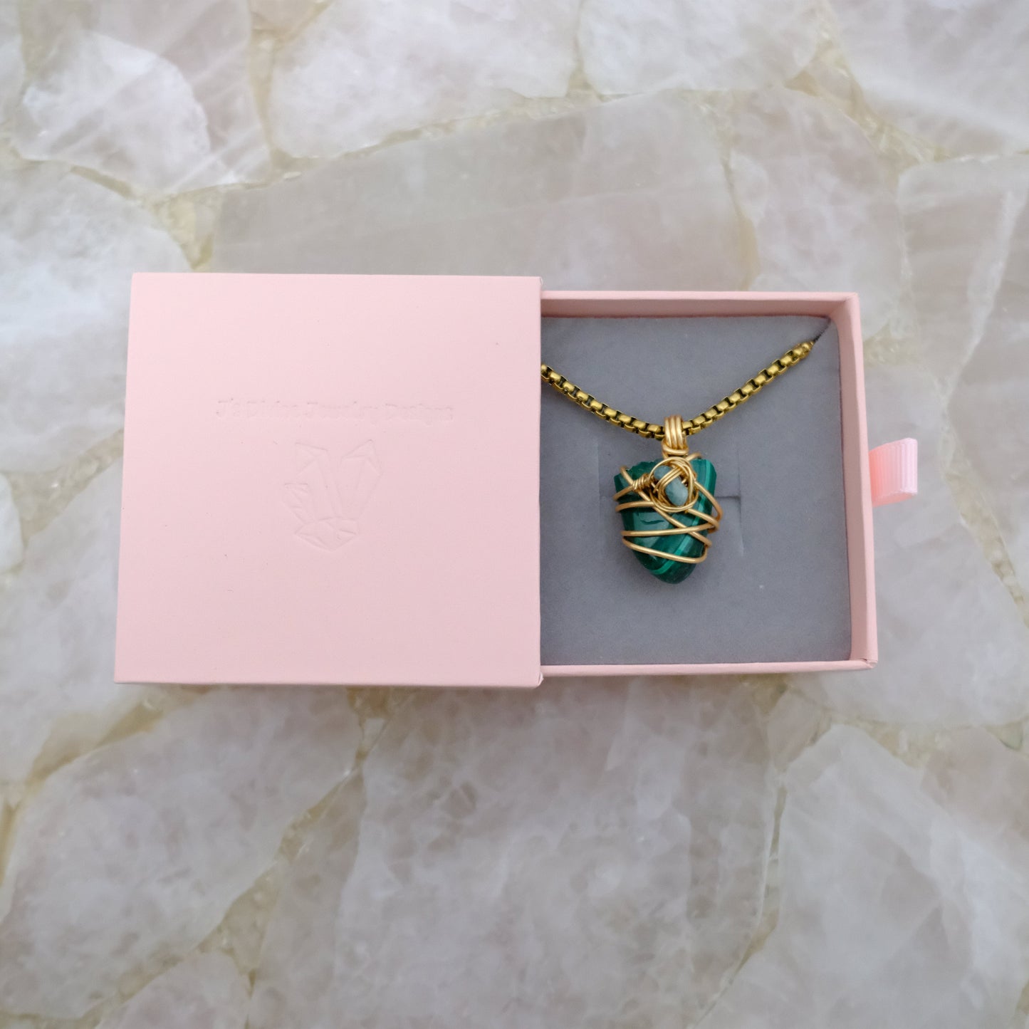 Malachite and Jade gold-plated necklace in luxury gift packaging, J’s Divine Jewelry Designs