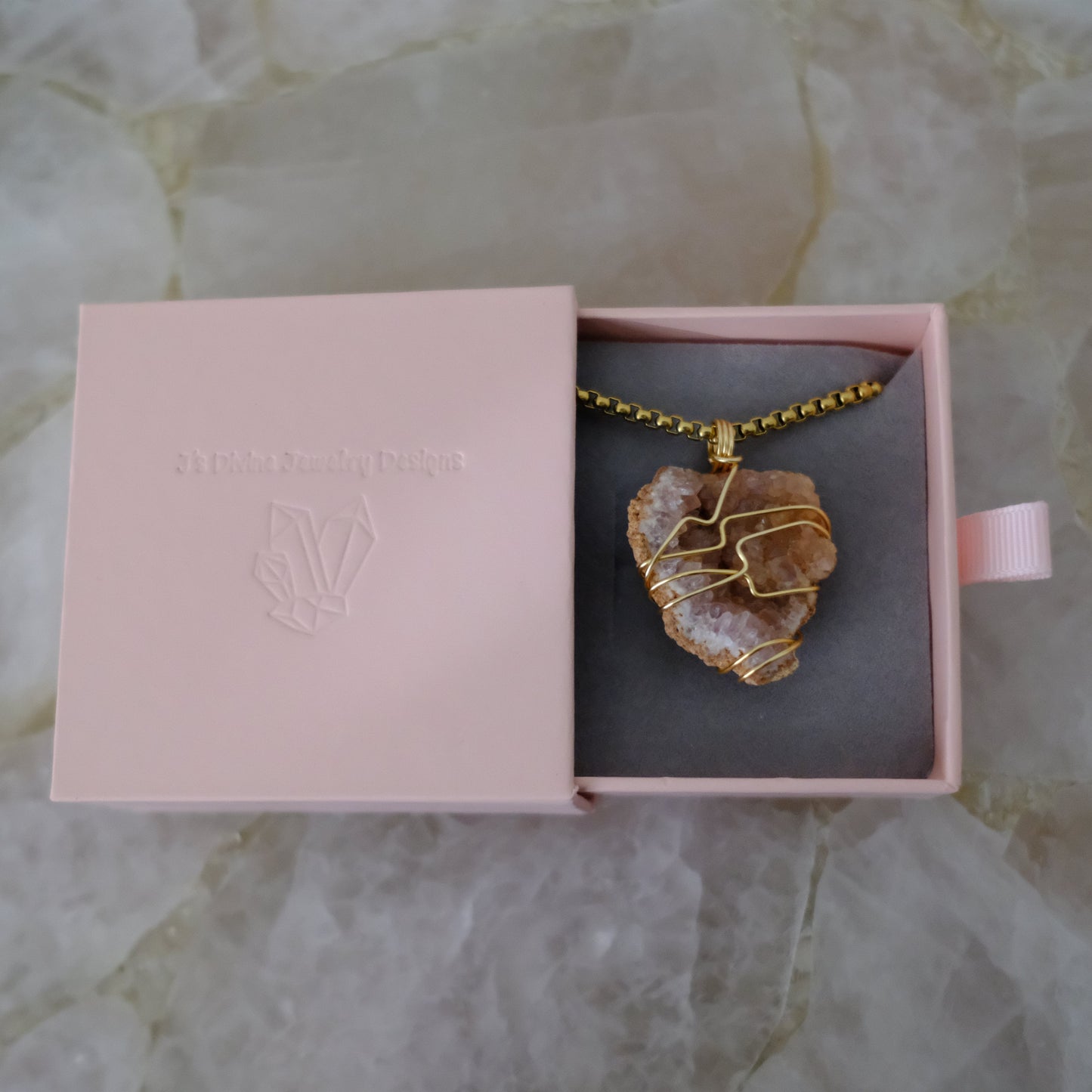 Gold-plated pink amethyst necklace displayed in J’s Divine Jewelry Designs luxury gift box, perfect for gifting.