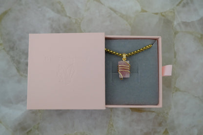 Gold-plated pink tourmaline necklace in J’s Divine Jewelry Designs luxury gift box, perfect for gifting and special occasions.