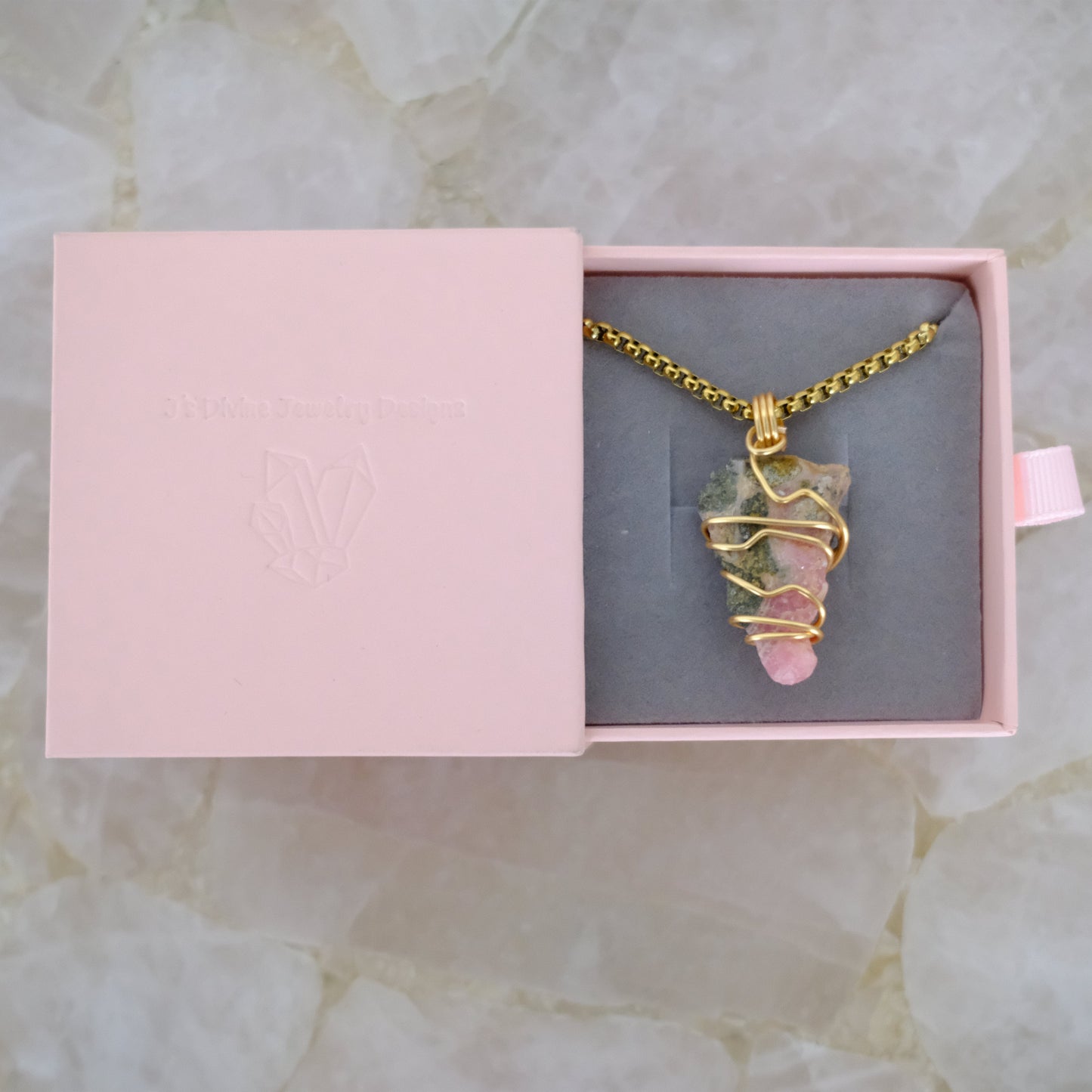 Handmade rhodochrosite necklace packaged in luxury jewelry box from J's Divine Jewelry Designs