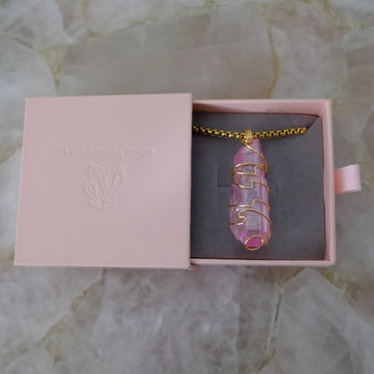 Gold-plated rose aura quartz necklace in luxury J’s Divine Jewelry Designs gift box, perfect for gifting.