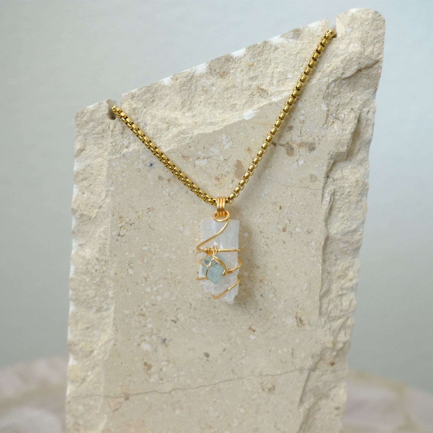 Handmade Selenite and Aquamarine gold-plated necklace, crystal jewelry for clarity, calm, and emotional healing