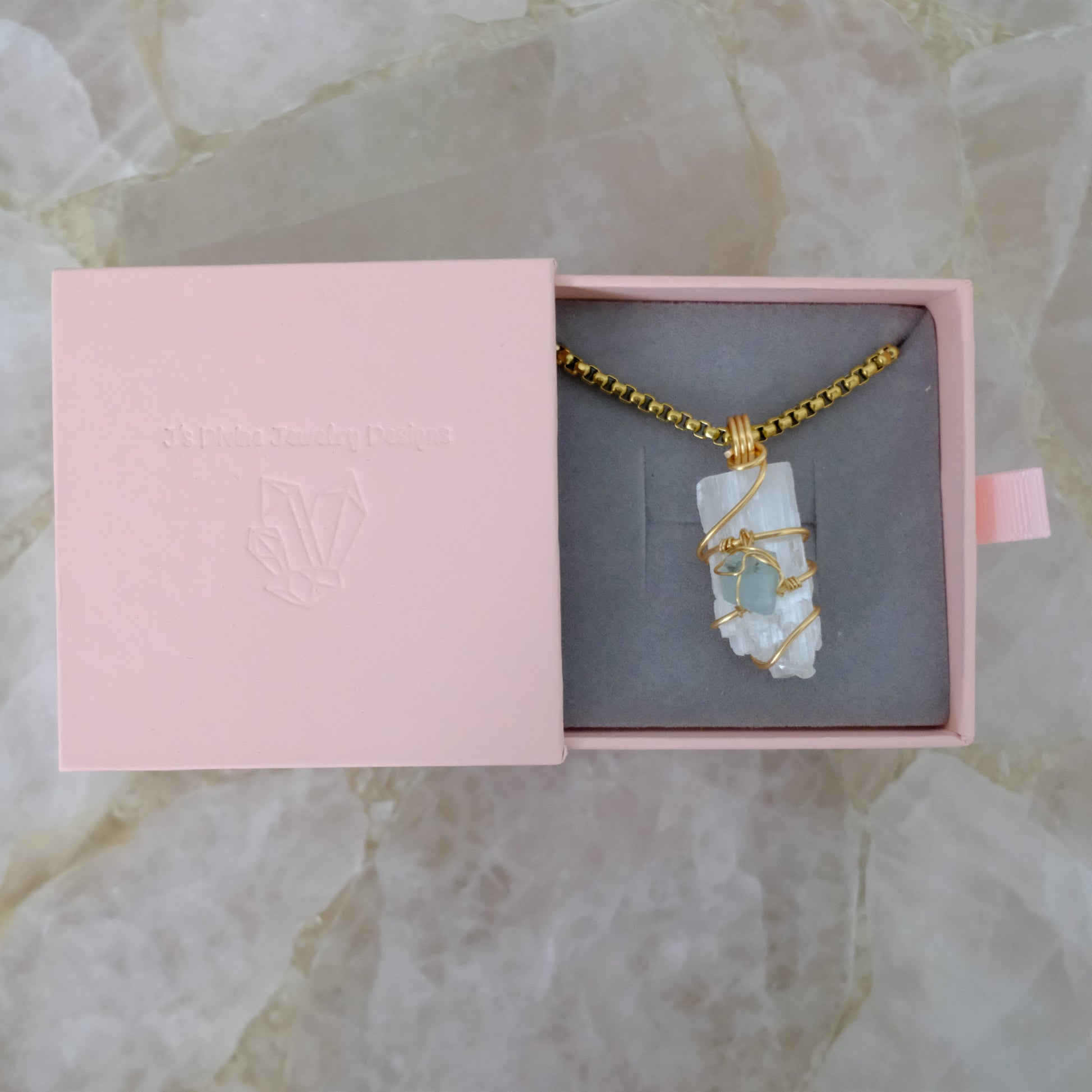 Selenite and Aquamarine gold-plated necklace in luxury gift packaging, J’s Divine Jewelry Designs
