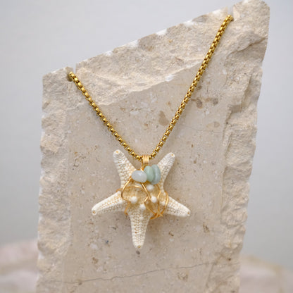 Closeup of handmade gold-plated starfish and jade crystal necklace, ocean-inspired luxury jewelry by J’s Divine Jewelry Designs