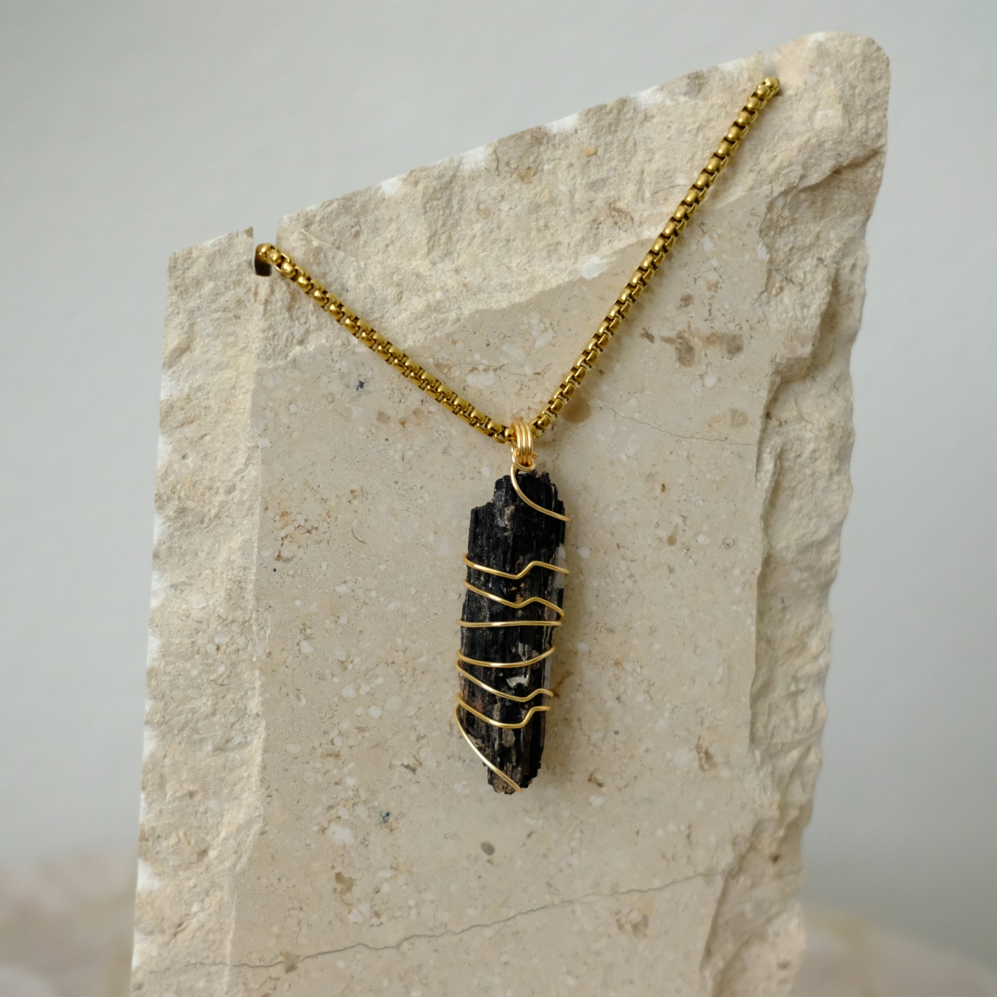 Handmade gold-plated statement black tourmaline necklace with genuine crystal for protection, grounding, and strength