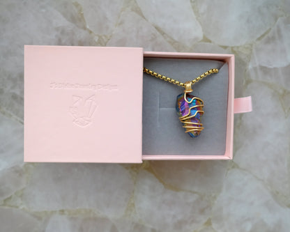 Gold-plated titanium aura quartz necklace displayed in J’s Divine Jewelry Designs luxury gift box, perfect for gifting.