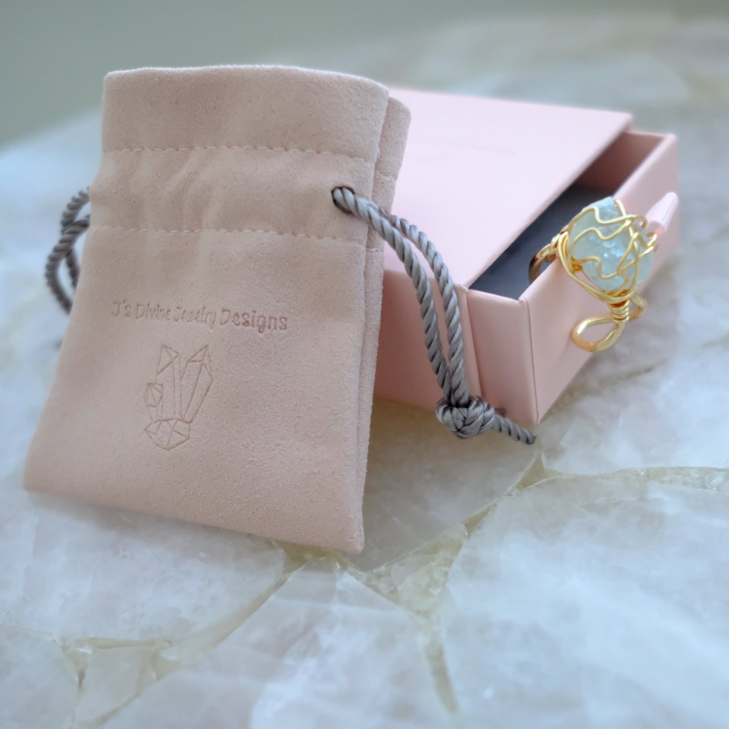 Gold plated aquamarine crystal ring, one of a kind adjustable handmade jewelry piece.
